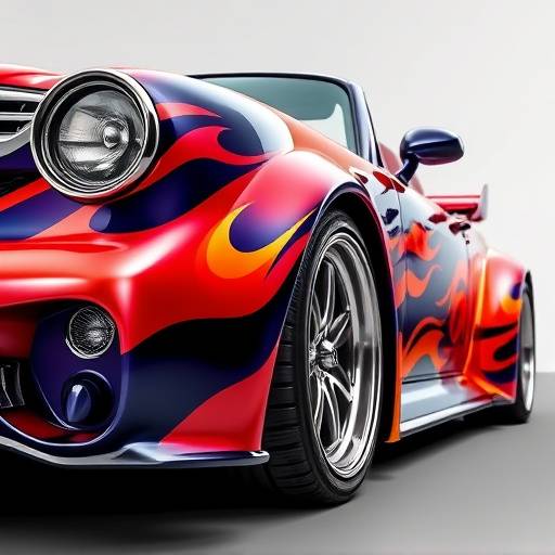 A customized car with a vibrant, unique paint job featuring custom airbrushing and a glossy finish.