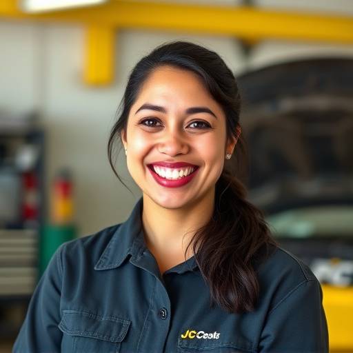 A smiling headshot of Elena Rodriguez, the lead technician at AutoSolutions Garage.