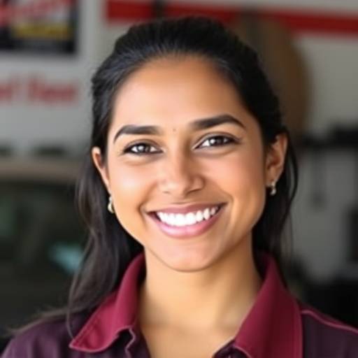 A smiling headshot of Priya Patel, the shop manager at AutoSolutions Garage.