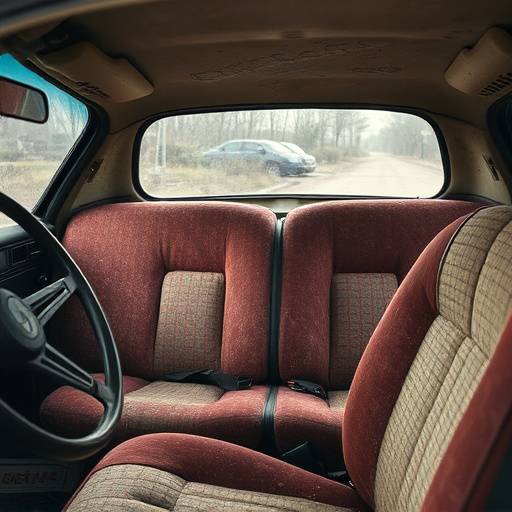 Before photo of a car interior with worn seats, faded upholstery, and general signs of aging and neglect.