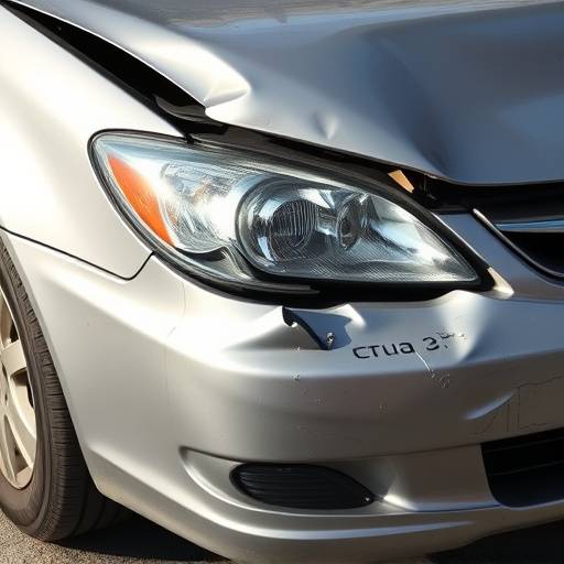 Before photo of a car with significant front-end damage from a collision, depicting crumpled metal and broken headlights.