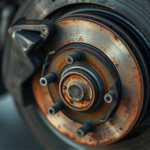 Before photo of worn-out brake pads and a corroded rotor, indicating the need for immediate brake replacement.