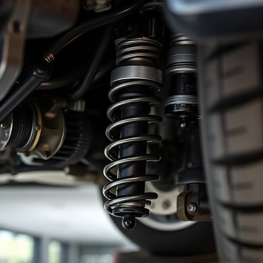 Close-up of a car's suspension system after an upgrade, showcasing new shocks and springs for improved handling and ride comfort.