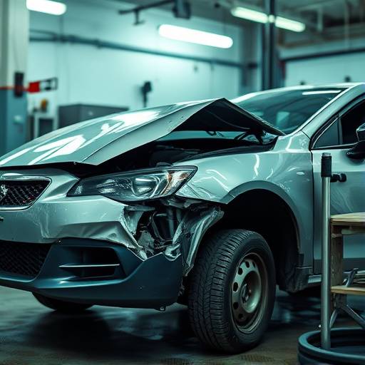 Damaged car being repaired in a body shop